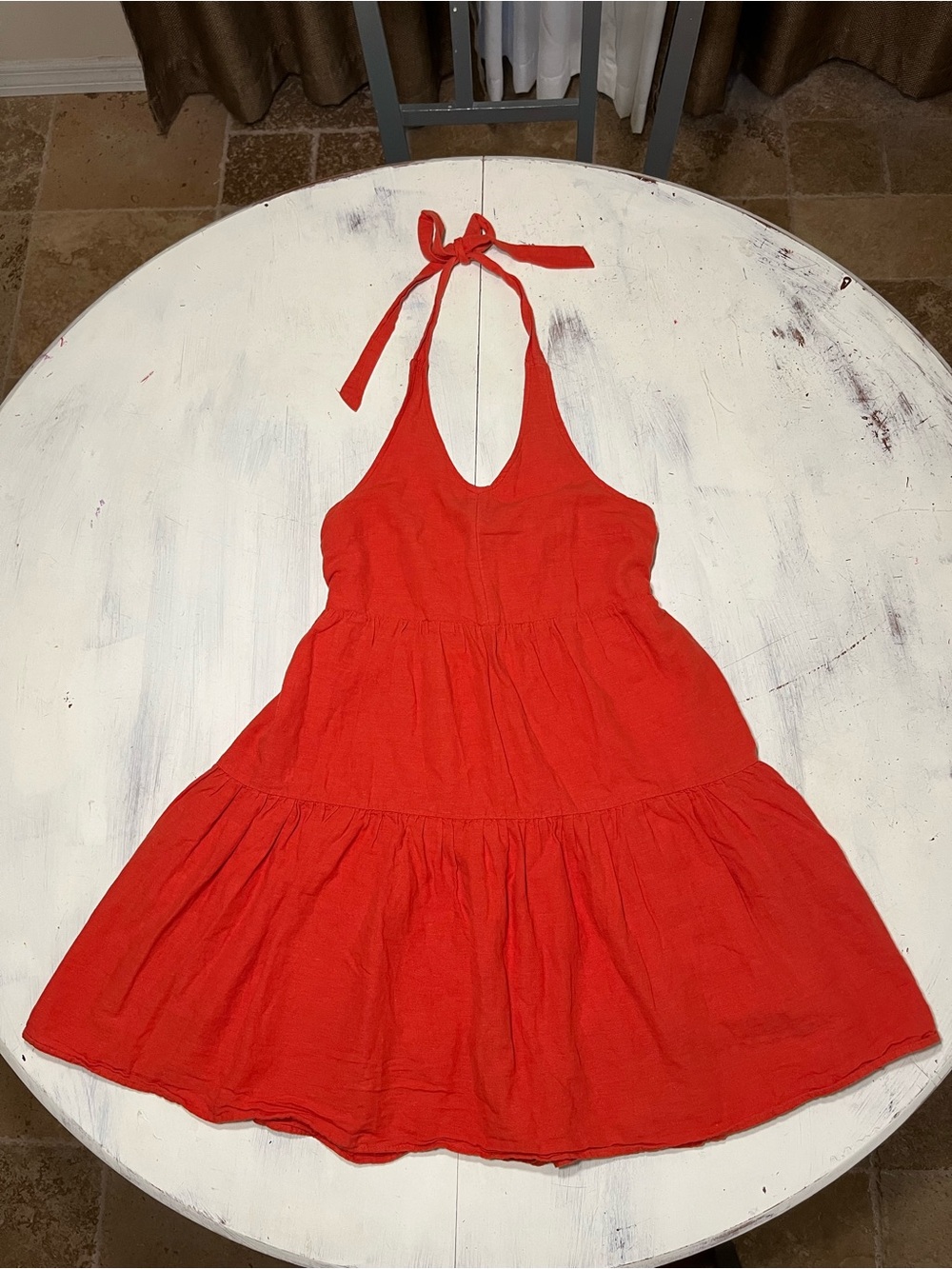American Eagle Tiered Halter Mini Dress Sz M Cotton Linen Burnt Orange